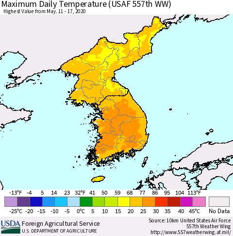 Korea Maximum Daily Temperature (USAF 557th WW) Thematic Map For 5/11/2020 - 5/17/2020