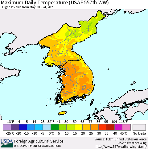 Korea Maximum Daily Temperature (USAF 557th WW) Thematic Map For 5/18/2020 - 5/24/2020
