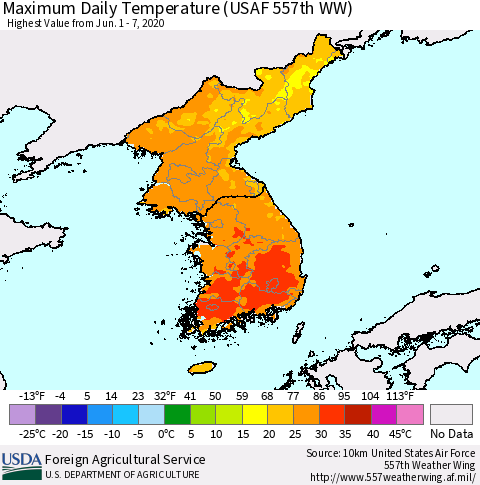 Korea Maximum Daily Temperature (USAF 557th WW) Thematic Map For 6/1/2020 - 6/7/2020