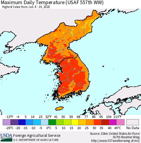Korea Maximum Daily Temperature (USAF 557th WW) Thematic Map For 6/8/2020 - 6/14/2020