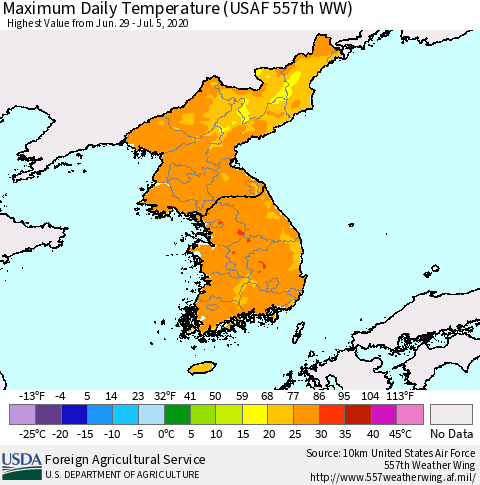Korea Maximum Daily Temperature (USAF 557th WW) Thematic Map For 6/29/2020 - 7/5/2020