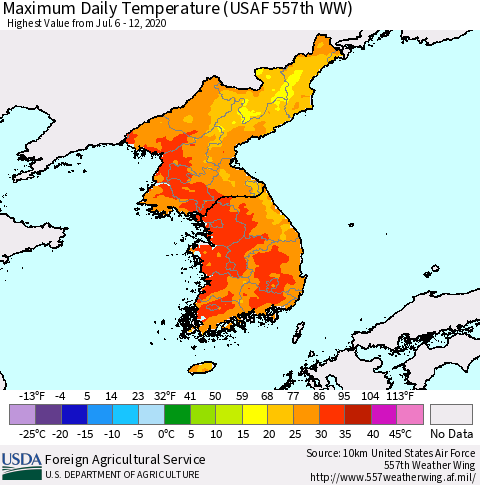 Korea Maximum Daily Temperature (USAF 557th WW) Thematic Map For 7/6/2020 - 7/12/2020