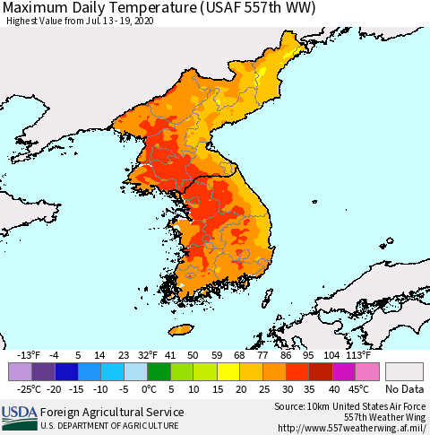 Korea Maximum Daily Temperature (USAF 557th WW) Thematic Map For 7/13/2020 - 7/19/2020