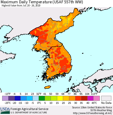 Korea Maximum Daily Temperature (USAF 557th WW) Thematic Map For 7/20/2020 - 7/26/2020