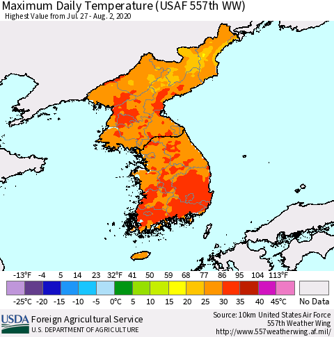 Korea Maximum Daily Temperature (USAF 557th WW) Thematic Map For 7/27/2020 - 8/2/2020