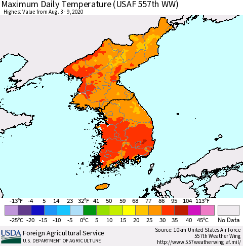Korea Maximum Daily Temperature (USAF 557th WW) Thematic Map For 8/3/2020 - 8/9/2020