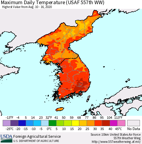 Korea Maximum Daily Temperature (USAF 557th WW) Thematic Map For 8/10/2020 - 8/16/2020