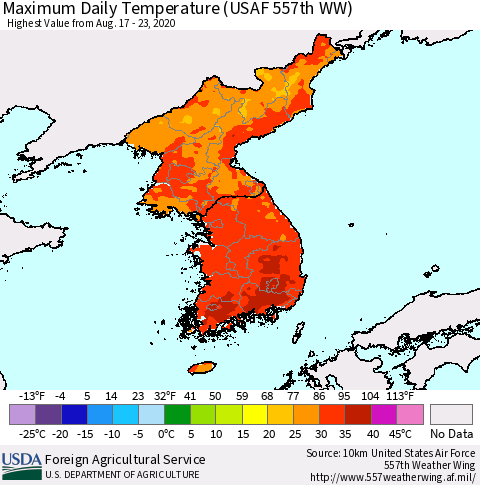 Korea Maximum Daily Temperature (USAF 557th WW) Thematic Map For 8/17/2020 - 8/23/2020