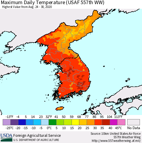 Korea Maximum Daily Temperature (USAF 557th WW) Thematic Map For 8/24/2020 - 8/30/2020