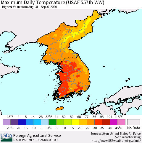 Korea Maximum Daily Temperature (USAF 557th WW) Thematic Map For 8/31/2020 - 9/6/2020