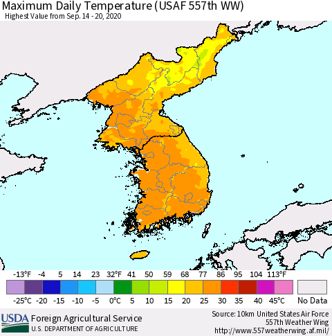 Korea Maximum Daily Temperature (USAF 557th WW) Thematic Map For 9/14/2020 - 9/20/2020