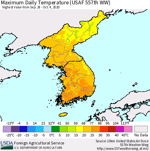 Korea Maximum Daily Temperature (USAF 557th WW) Thematic Map For 9/28/2020 - 10/4/2020