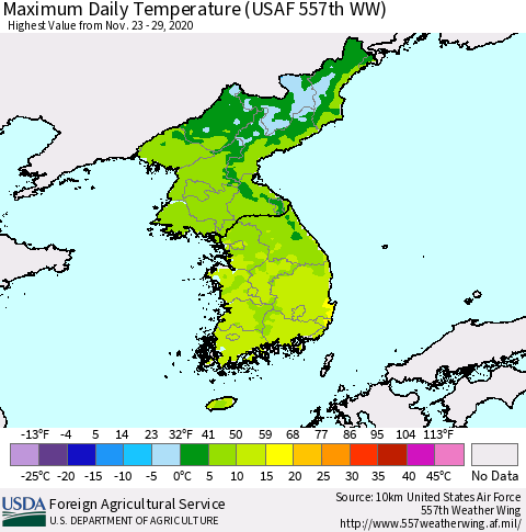 Korea Maximum Daily Temperature (USAF 557th WW) Thematic Map For 11/23/2020 - 11/29/2020