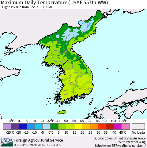 Korea Maximum Daily Temperature (USAF 557th WW) Thematic Map For 12/7/2020 - 12/13/2020