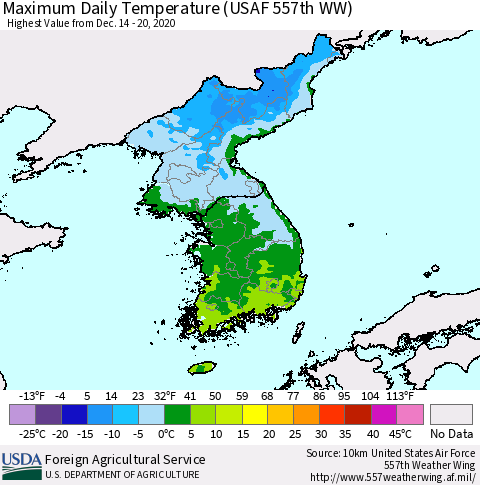 Korea Maximum Daily Temperature (USAF 557th WW) Thematic Map For 12/14/2020 - 12/20/2020