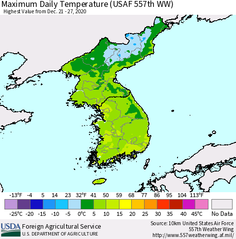 Korea Maximum Daily Temperature (USAF 557th WW) Thematic Map For 12/21/2020 - 12/27/2020