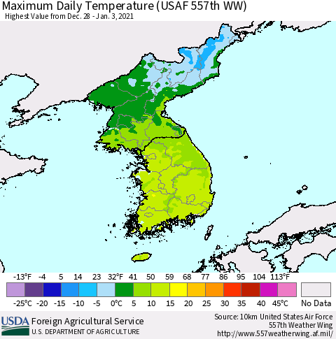 Korea Maximum Daily Temperature (USAF 557th WW) Thematic Map For 12/28/2020 - 1/3/2021