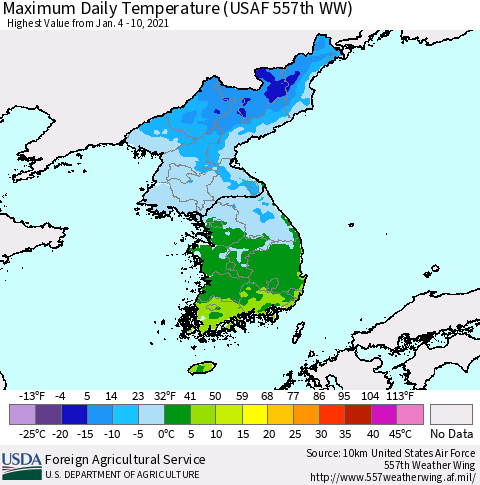 Korea Maximum Daily Temperature (USAF 557th WW) Thematic Map For 1/4/2021 - 1/10/2021