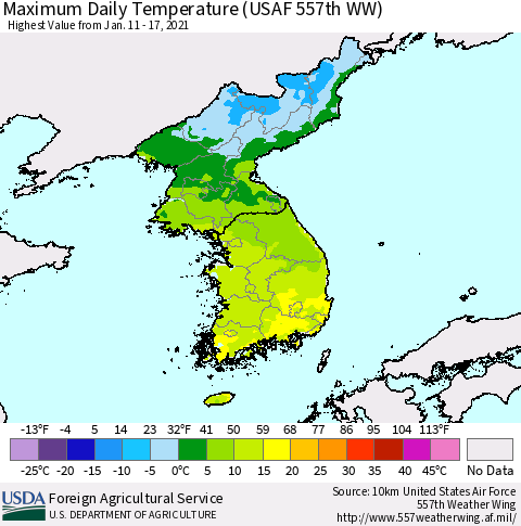Korea Maximum Daily Temperature (USAF 557th WW) Thematic Map For 1/11/2021 - 1/17/2021