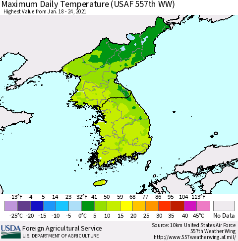 Korea Maximum Daily Temperature (USAF 557th WW) Thematic Map For 1/18/2021 - 1/24/2021