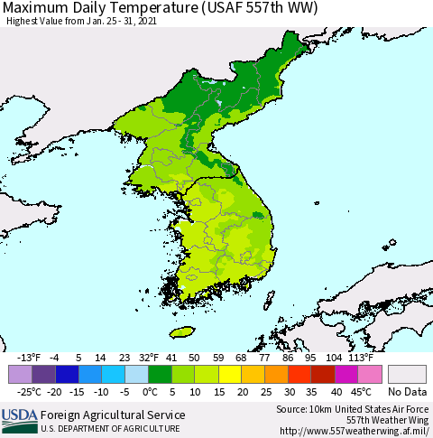 Korea Maximum Daily Temperature (USAF 557th WW) Thematic Map For 1/25/2021 - 1/31/2021
