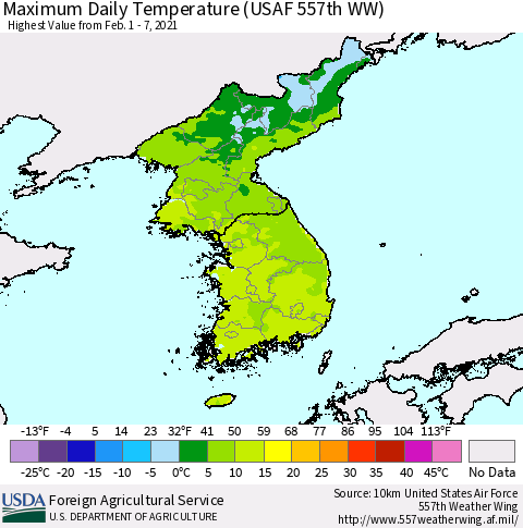 Korea Maximum Daily Temperature (USAF 557th WW) Thematic Map For 2/1/2021 - 2/7/2021