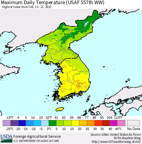 Korea Maximum Daily Temperature (USAF 557th WW) Thematic Map For 2/15/2021 - 2/21/2021
