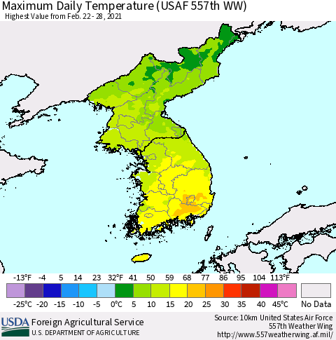 Korea Maximum Daily Temperature (USAF 557th WW) Thematic Map For 2/22/2021 - 2/28/2021