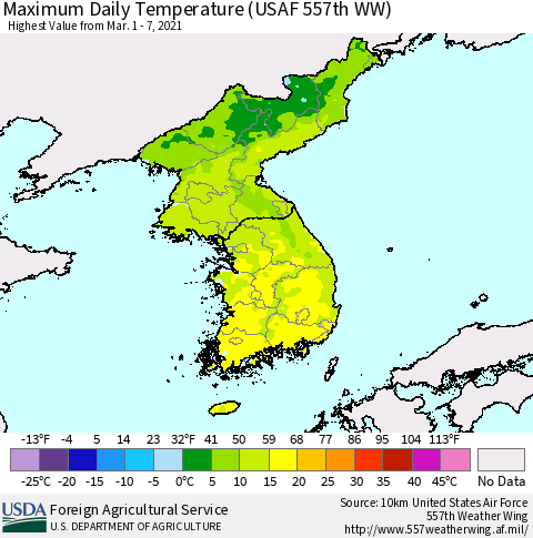 Korea Maximum Daily Temperature (USAF 557th WW) Thematic Map For 3/1/2021 - 3/7/2021