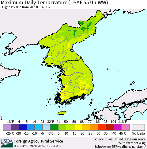 Korea Maximum Daily Temperature (USAF 557th WW) Thematic Map For 3/8/2021 - 3/14/2021