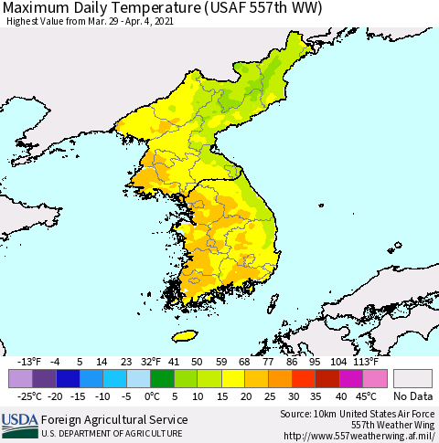Korea Maximum Daily Temperature (USAF 557th WW) Thematic Map For 3/29/2021 - 4/4/2021
