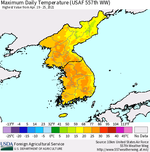Korea Maximum Daily Temperature (USAF 557th WW) Thematic Map For 4/19/2021 - 4/25/2021