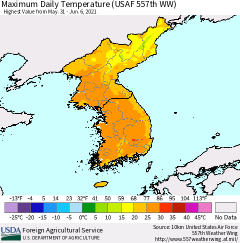 Korea Maximum Daily Temperature (USAF 557th WW) Thematic Map For 5/31/2021 - 6/6/2021