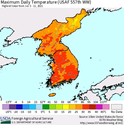 Korea Maximum Daily Temperature (USAF 557th WW) Thematic Map For 7/5/2021 - 7/11/2021