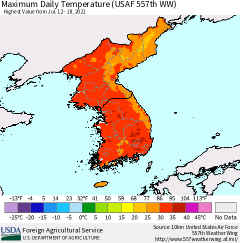 Korea Maximum Daily Temperature (USAF 557th WW) Thematic Map For 7/12/2021 - 7/18/2021