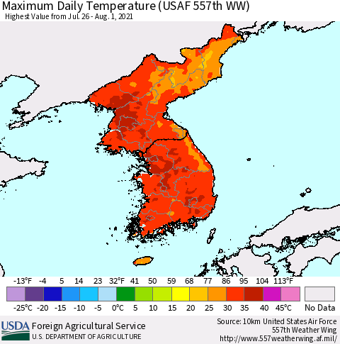 Korea Maximum Daily Temperature (USAF 557th WW) Thematic Map For 7/26/2021 - 8/1/2021