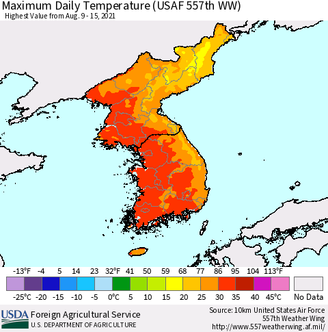 Korea Maximum Daily Temperature (USAF 557th WW) Thematic Map For 8/9/2021 - 8/15/2021