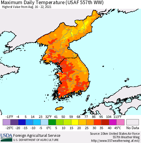 Korea Maximum Daily Temperature (USAF 557th WW) Thematic Map For 8/16/2021 - 8/22/2021