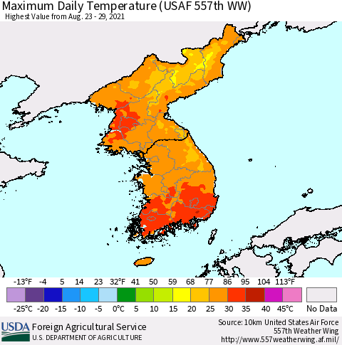 Korea Maximum Daily Temperature (USAF 557th WW) Thematic Map For 8/23/2021 - 8/29/2021