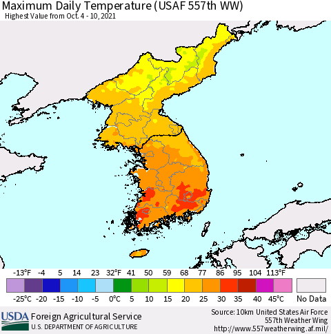 Korea Maximum Daily Temperature (USAF 557th WW) Thematic Map For 10/4/2021 - 10/10/2021