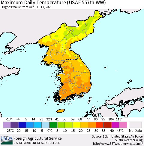 Korea Maximum Daily Temperature (USAF 557th WW) Thematic Map For 10/11/2021 - 10/17/2021