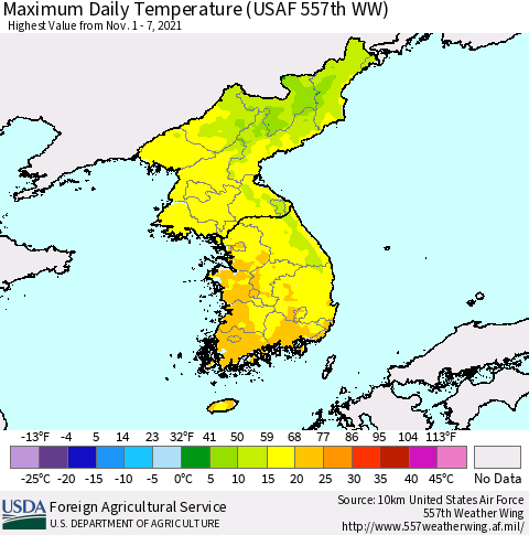Korea Maximum Daily Temperature (USAF 557th WW) Thematic Map For 11/1/2021 - 11/7/2021