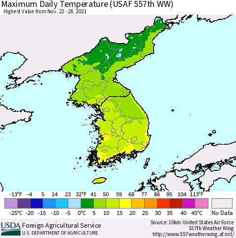 Korea Maximum Daily Temperature (USAF 557th WW) Thematic Map For 11/22/2021 - 11/28/2021