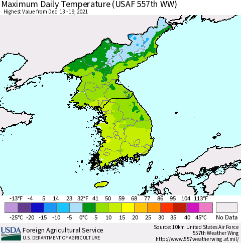 Korea Maximum Daily Temperature (USAF 557th WW) Thematic Map For 12/13/2021 - 12/19/2021