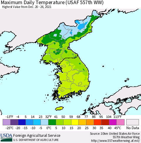Korea Maximum Daily Temperature (USAF 557th WW) Thematic Map For 12/20/2021 - 12/26/2021