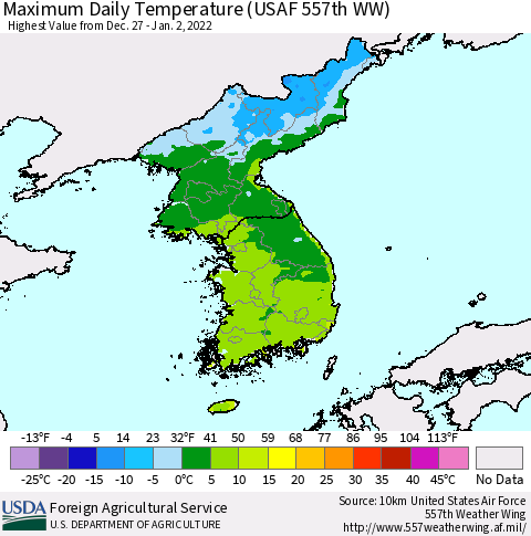 Korea Maximum Daily Temperature (USAF 557th WW) Thematic Map For 12/27/2021 - 1/2/2022