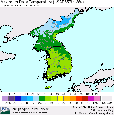 Korea Maximum Daily Temperature (USAF 557th WW) Thematic Map For 1/3/2022 - 1/9/2022