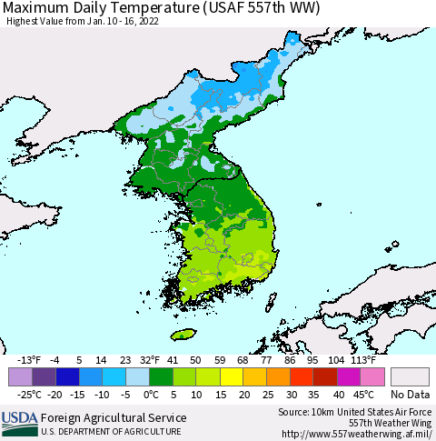 Korea Maximum Daily Temperature (USAF 557th WW) Thematic Map For 1/10/2022 - 1/16/2022