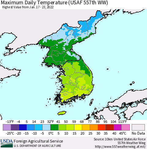 Korea Maximum Daily Temperature (USAF 557th WW) Thematic Map For 1/17/2022 - 1/23/2022