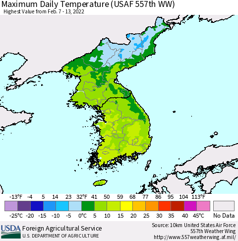 Korea Maximum Daily Temperature (USAF 557th WW) Thematic Map For 2/7/2022 - 2/13/2022